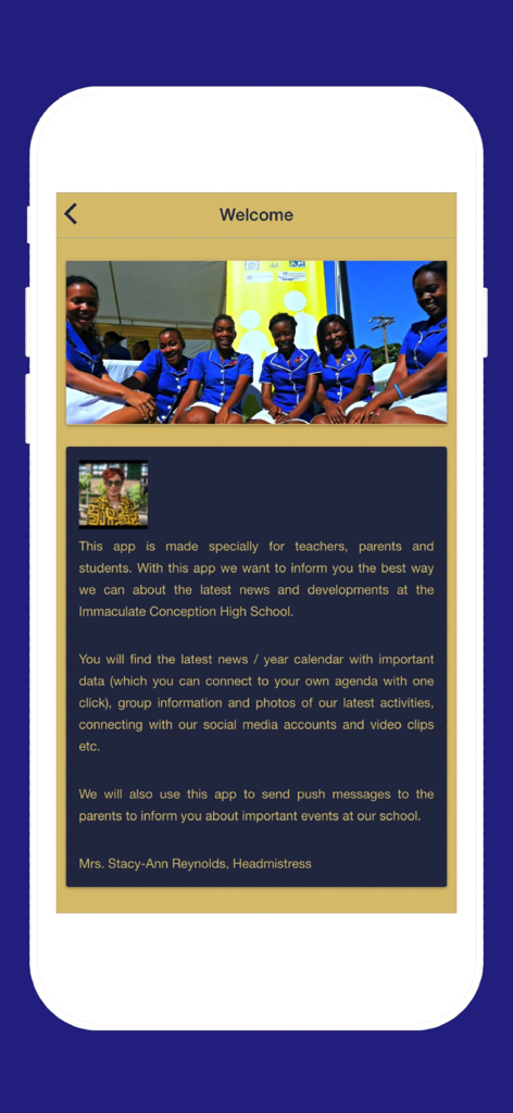 Immaculate Conception High - Welcome screen of the Immaculate Conception High app featuring a student photo and a message from the headmistress.