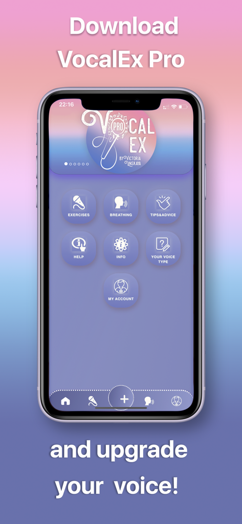 VocalEx Pro. Singing Tutorial - Smartphone displaying the VocalEx Pro app home screen with vocal exercise and breathing category icons