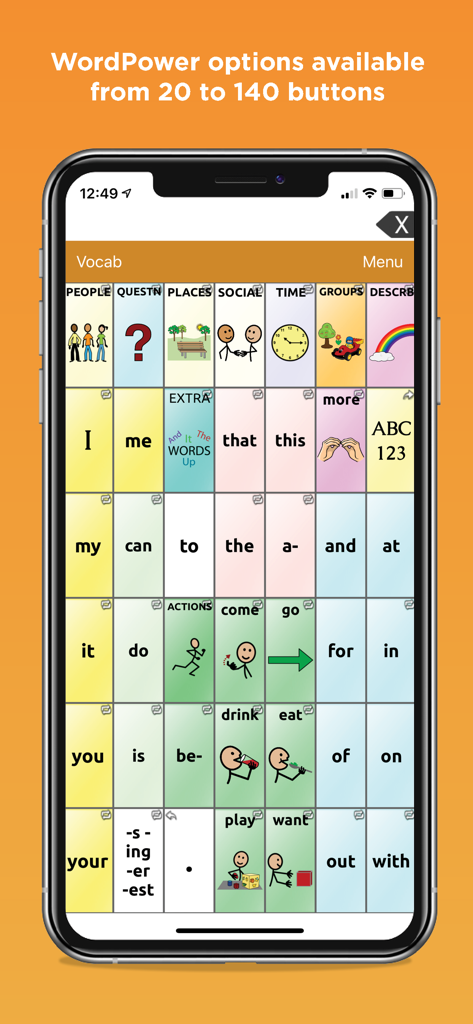 Smartphone-Bildschirm, der die TouchChat HD AAC App mit einem WordPower-Vokabularraster mit Wörtern und Kommunikationssymbolen anzeigt.