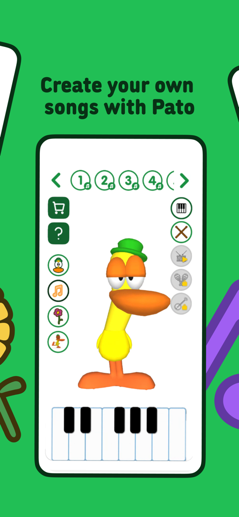 Talking Pocoyó: My Friend Pato - Pato el pato de pie sobre un teclado de piano en un modo de creación musical