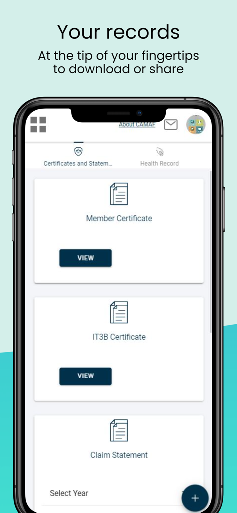 CAMAF app interface showing options to view and download member certificates, tax certificates, and claim statements