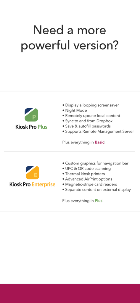 원격 관리 및 하드웨어 지원을 포함한 Kiosk Pro Plus 및 Kiosk Pro Enterprise 버전의 기능 비교표