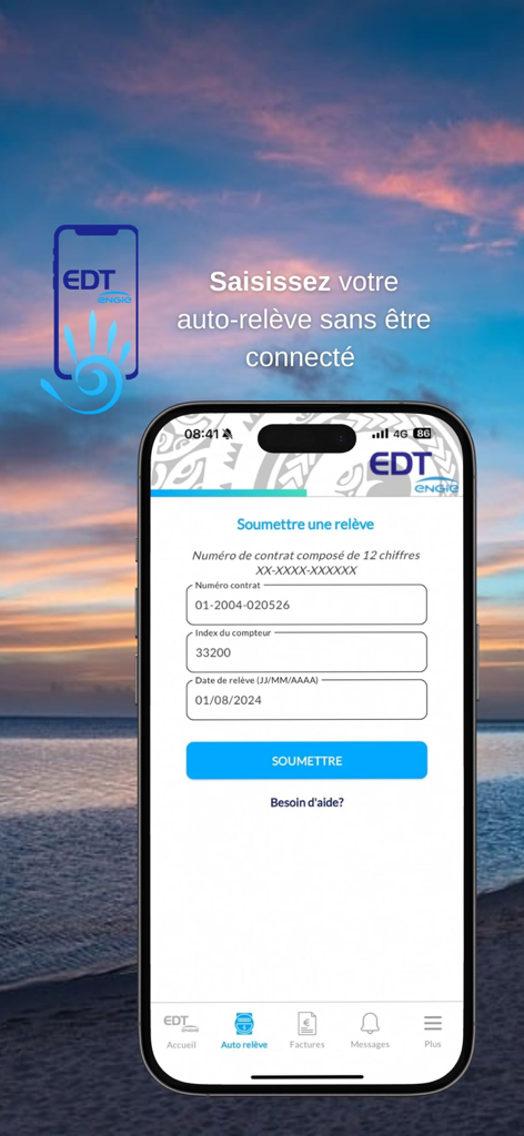 Electricité de Tahiti (EDT) - Interface of the Electricite de Tahiti app showing the meter reading submission form