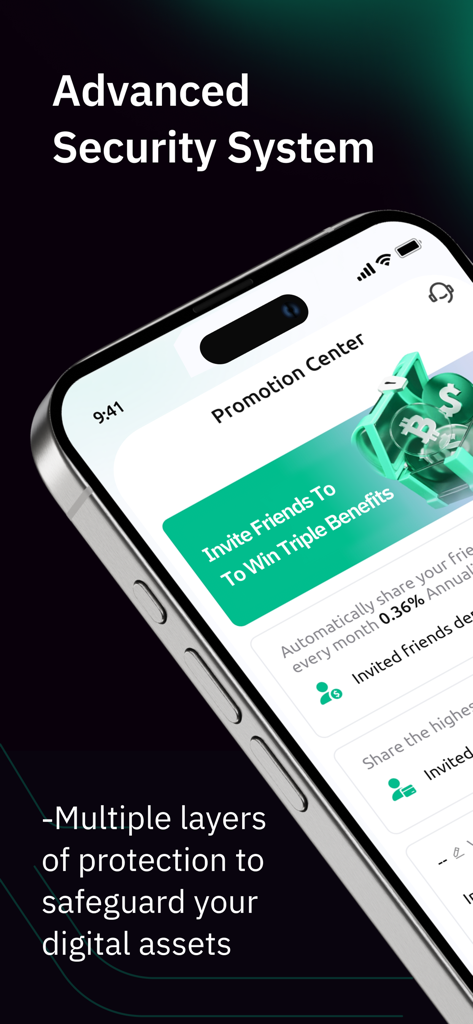 UPay Wallet app interface showing advanced security features and a promotion center for referral benefits.