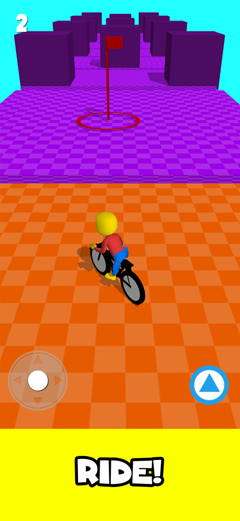 A character riding a bicycle through a colorful 3D obstacle course in the Obby Bike Ride game