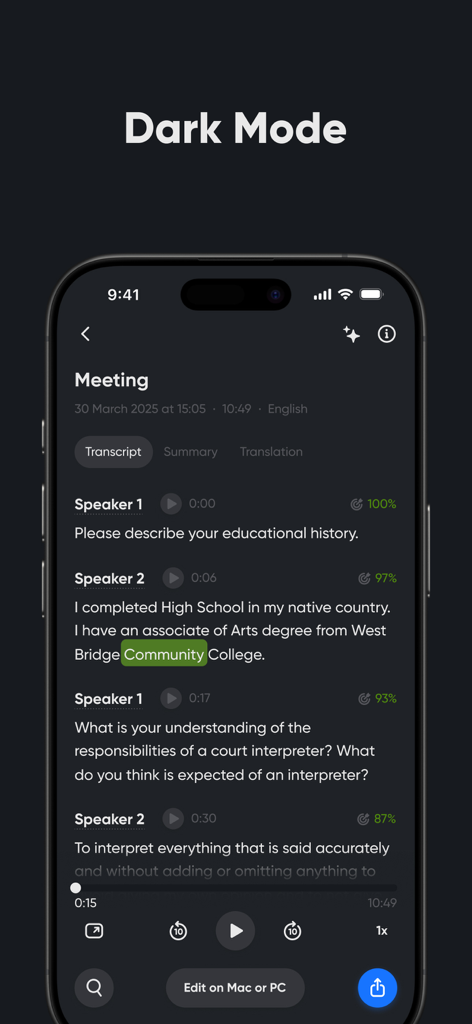 会議の文字起こしと話者分離を備えたダークモードのTranscribeアプリを示すiPhone画面。