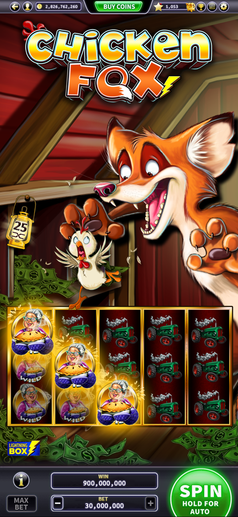 Lake of The Torches Slots - A screenshot of the Chicken Fox slot machine game within the Lake of the Torches Slots app showing characters and slot reels