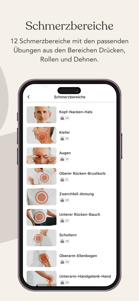 Liebscher & Bracht App - Liebscher and Bracht 앱이 목표 통증 완화를 위한 신체 부위 목록과 함께 표시되는 스마트폰 화면