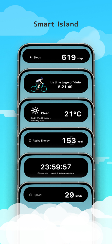 A collection of iPhone Dynamic Island widgets showing health stats weather and countdown timers