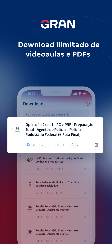 Gran Cursos Online - Tela do app Gran Cursos Online mostrando o recurso de download ilimitado de videoaulas e PDFs para estudo offline