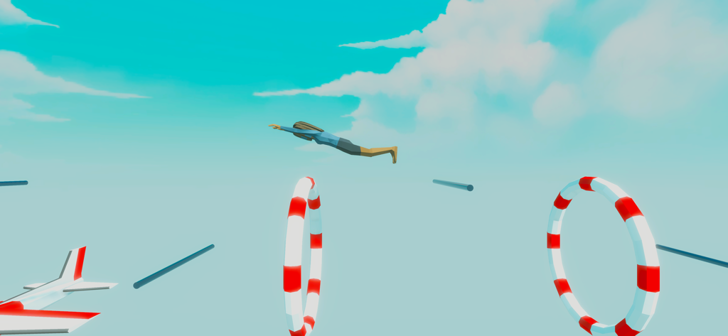 Stickman gymnast flying through red and white rings in the sky