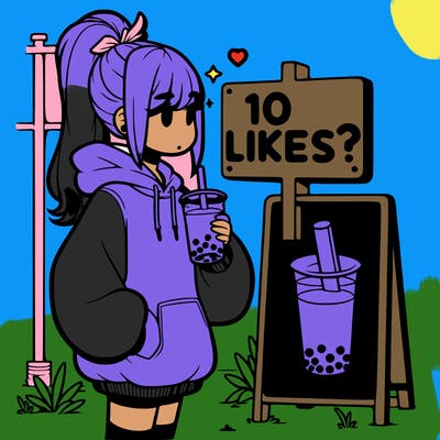girl with oversized hoodie drinking boba and she has a high ponytail with a sign that says 10likes?