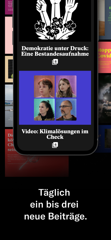 Republik - A interface do aplicativo Republik mostrando artigos de jornalismo de formato longo selecionados diariamente no modo escuro.