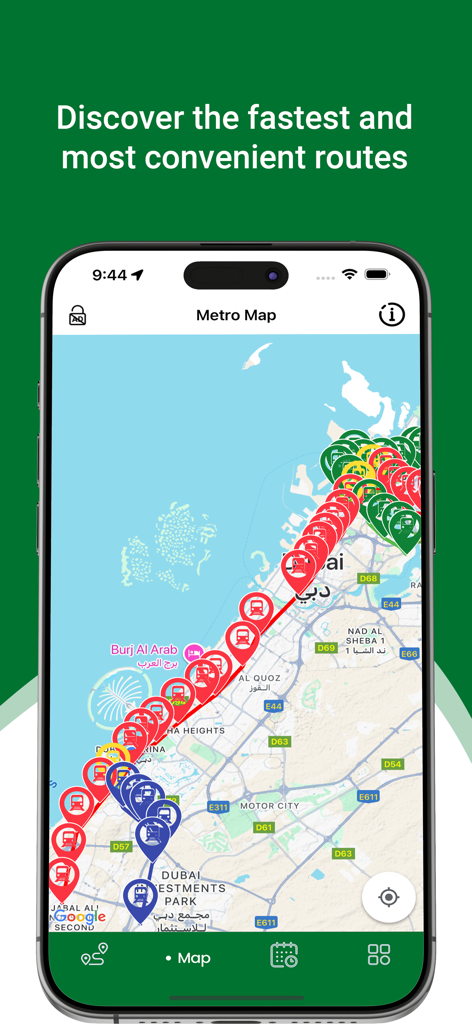 Dubai Metro - Route & Schedule - iPhone画面上に色分けされた駅ピンが表示されたルートマップを示すドバイメトロアプリのスクリーンショット。