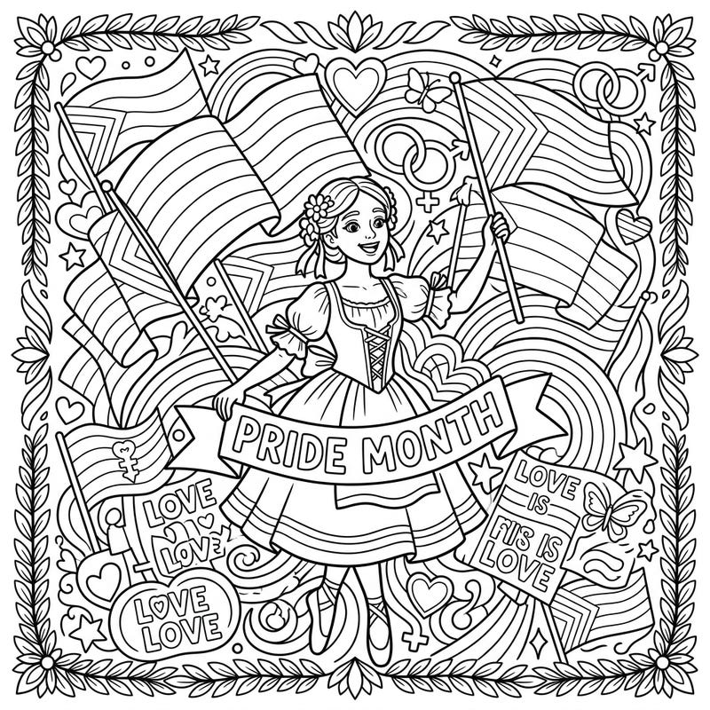 Step into a world of joy and celebration with this captivating Giselle coloring page, honoring Pride Month. This intricate design is bursting with symbols of love, diversity, and vibrant community spirit, ready for your creative touch.