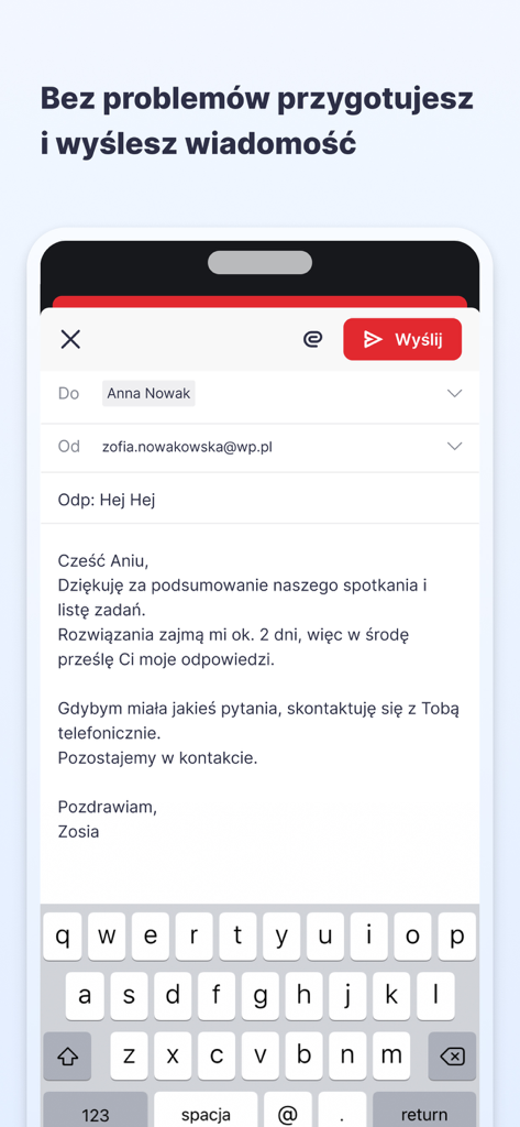 WP Poczta mobile app interface showing a user composing a new email in Polish on an iPhone