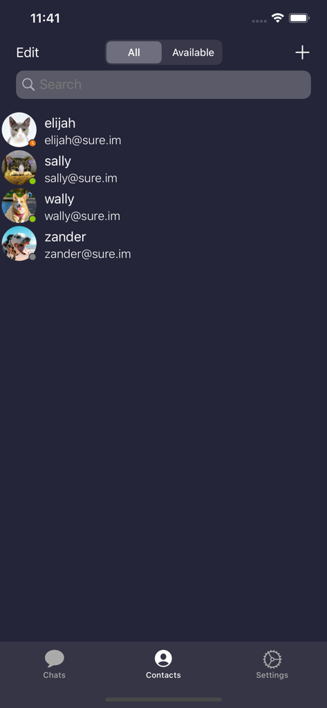Siskin IM - Contacts list in the Siskin IM XMPP messaging app showing user availability and JID addresses