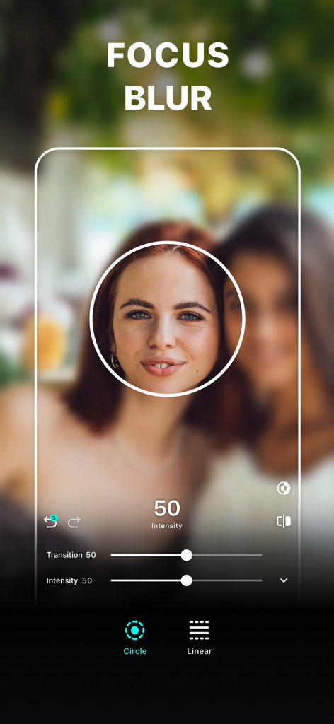 Blur Photo Editor - Fokus-Unschärfe-Tool mit kreisförmigem Fokusbereich auf dem Porträt einer Frau