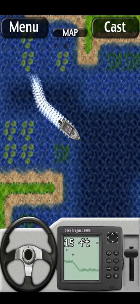 Vista de juego cenital de la conducción de un bote en i Fishing Lite con un sonar buscador de peces.