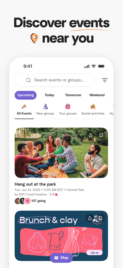 Meetup app screen displaying local social events and group recommendations like a park hangout.