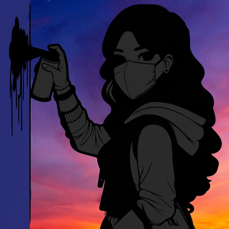 realistic girl with mask spray painting a wall