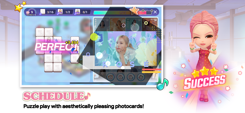 BLACKPINK THE GAME - Un écran de réussite d'énigme dans BLACKPINK THE GAME avec un avatar 3D et une carte photo de Rose.
