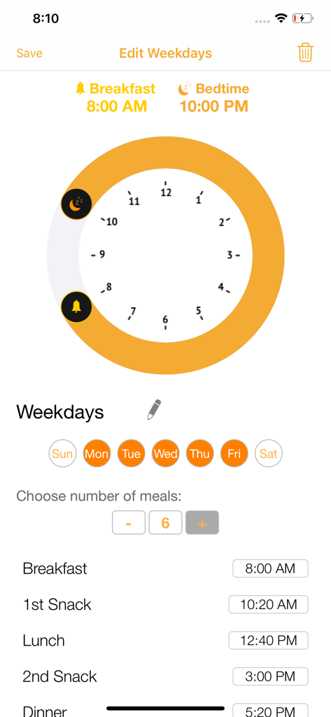 Meal Reminders - Meal Reminders app interface showing a custom 6 meal schedule from breakfast to bedtime