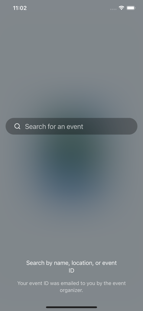 RBC MEET app interface showing an event search bar with instructions to search by name location or ID