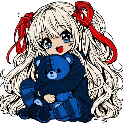 manga girl, long curly hair, happy, cuddling a teddy bear