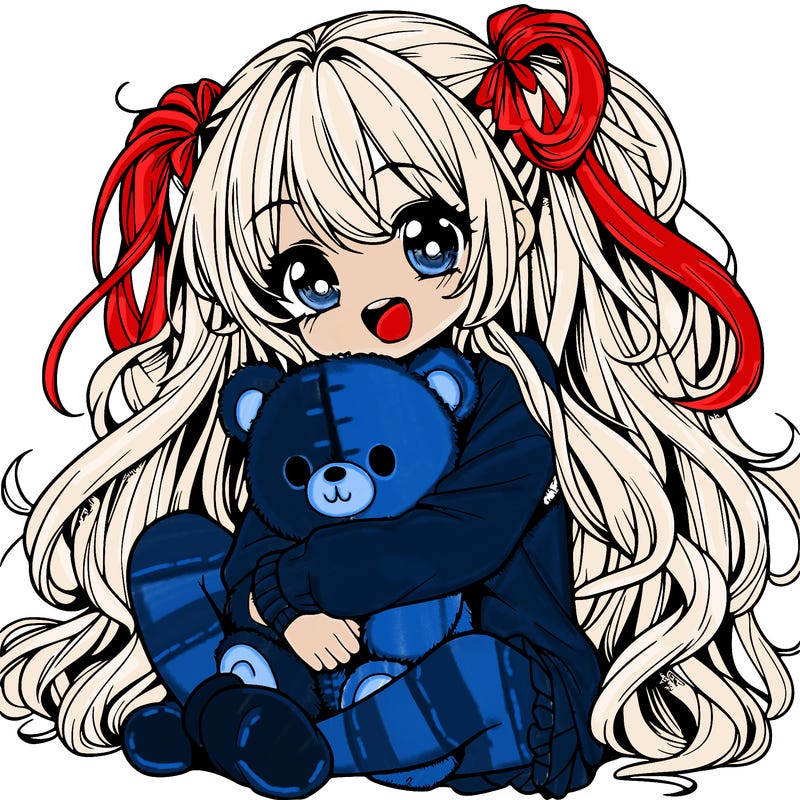 manga girl, long curly hair, happy, cuddling a teddy bear