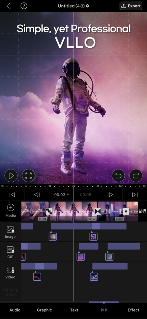 Interface do aplicativo VLLO mostrando uma linha do tempo de edição de vídeo multitrack e recursos de PIP.