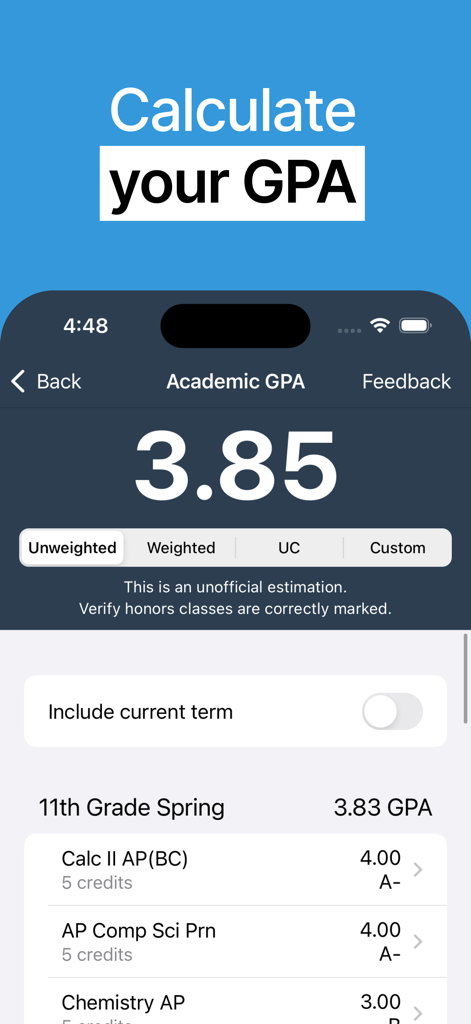 Gradekit: Track Grades & GPA - Interfaz de la aplicación Gradekit que muestra un GPA académico de 3.85 con opciones de cálculo ponderado y no ponderado