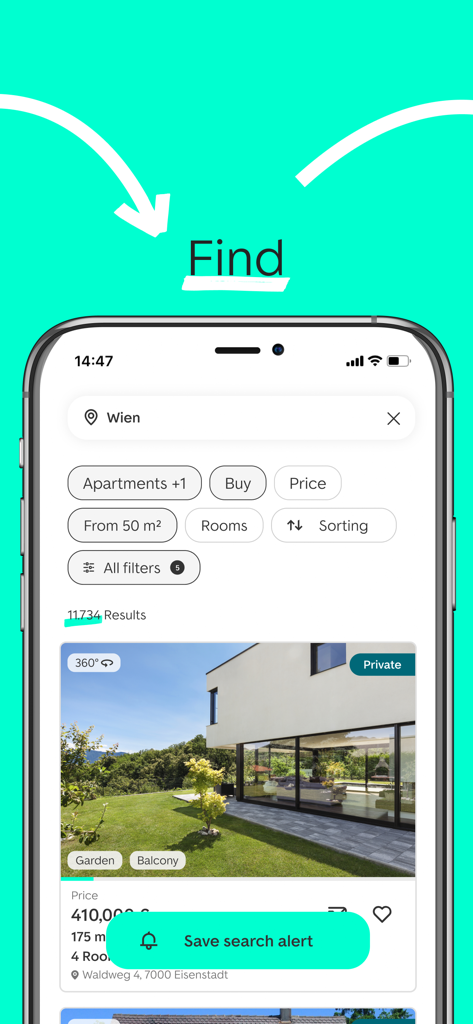 ImmoScout24 Österreich App, die Wohnungssuchergebnisse in Wien mit Filtern anzeigt