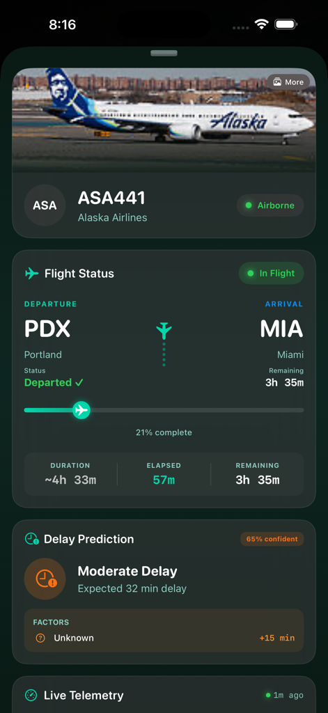 FlightTrackAI - Écran de l'application FlightTrackAI affichant le statut du vol en direct et les prévisions de retard de l'IA pour un vol Alaska Airlines
