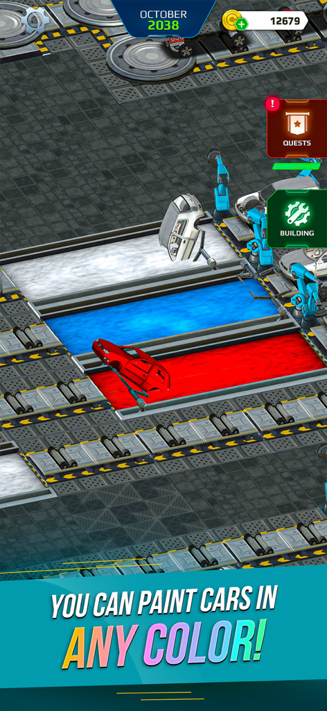 Car Factory Simulator 3d - Car assembly line showing a paint workshop with options to customize vehicle colors