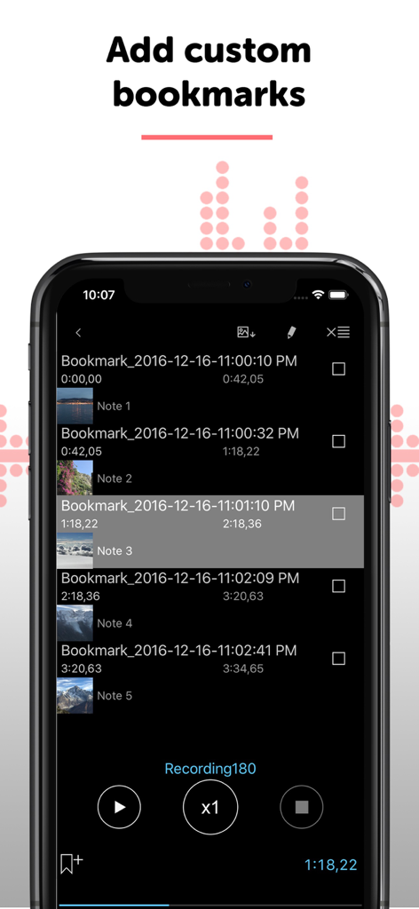 Screenshot der ALON Diktiergerät App-Oberfläche, die eine Liste von benutzerdefinierten Lesezeichen mit Zeitstempeln, Miniaturbildern und Textnotizen anzeigt.