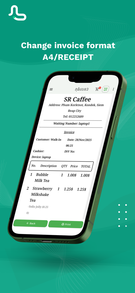 Pantalla de smartphone mostrando un formato de factura digital en la aplicación MyLekha POS