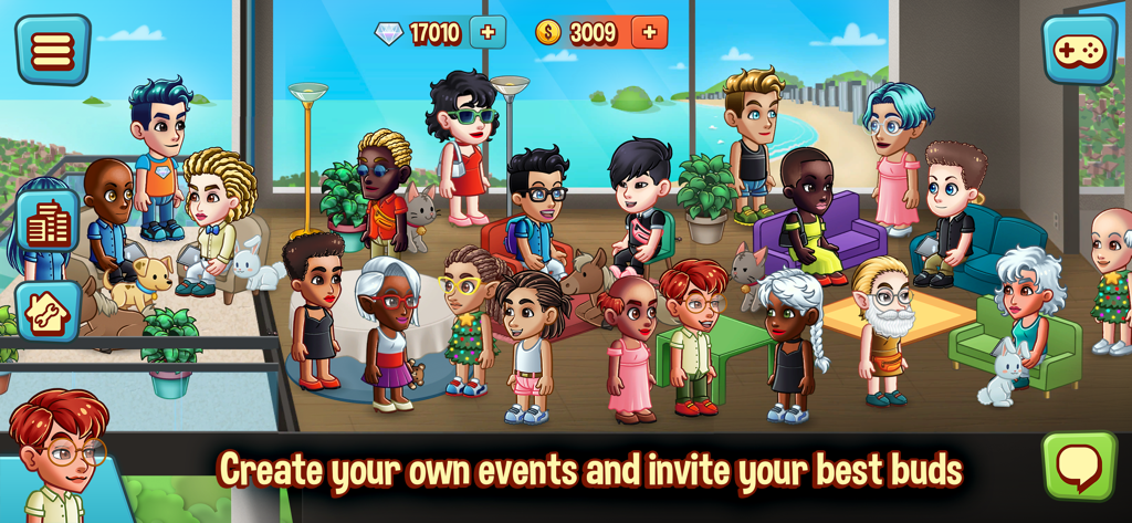 Eine soziale Veranstaltung mit vielen verschiedenen 2D-Avataren in einem dekorierten virtuellen Raum mit Strandblick