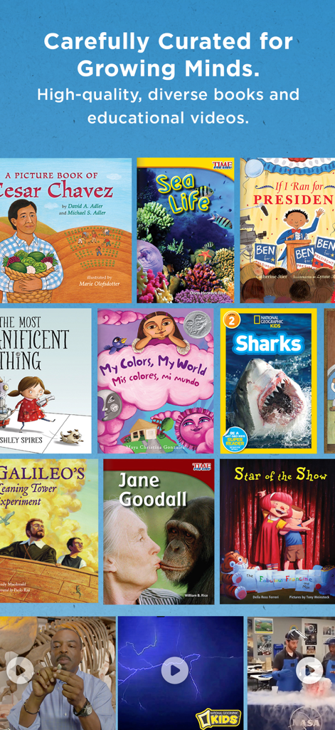 Skybrary – Kids Books & Videos - A grid of diverse children's book covers and educational videos from the Skybrary app.