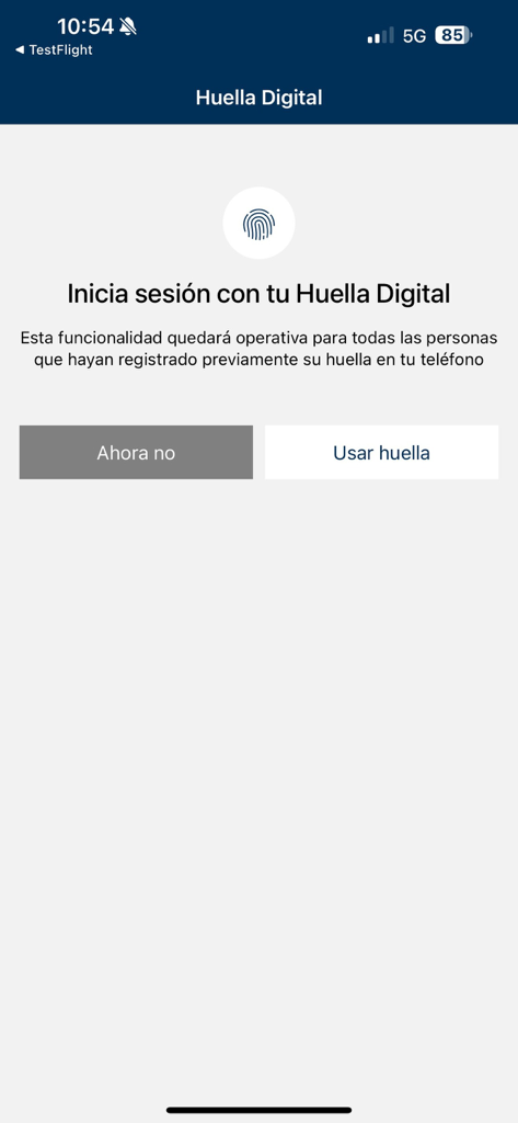 Banco Consorcio - Pantalla de inicio de sesión por huella digital de la aplicación móvil Banco Consorcio en español