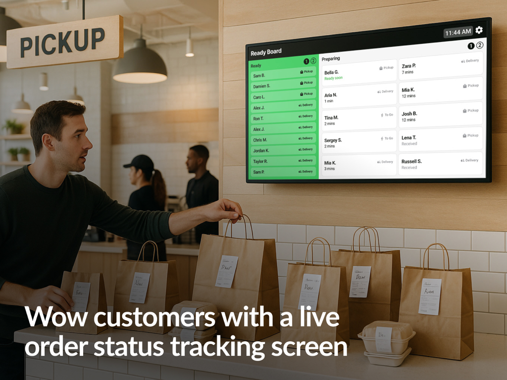 Fresh KDS | #1 Kitchen Display - A digital order status display board in a restaurant showing orders in ready and preparing stages for customer pickup
