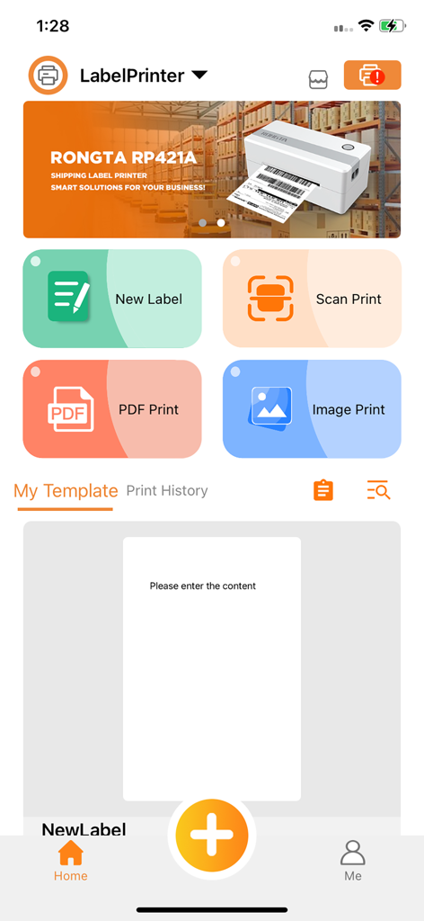 RT Elabel - RT Elabel app home screen displaying options for New Label Scan Print PDF Print and Image Print for small business logistics