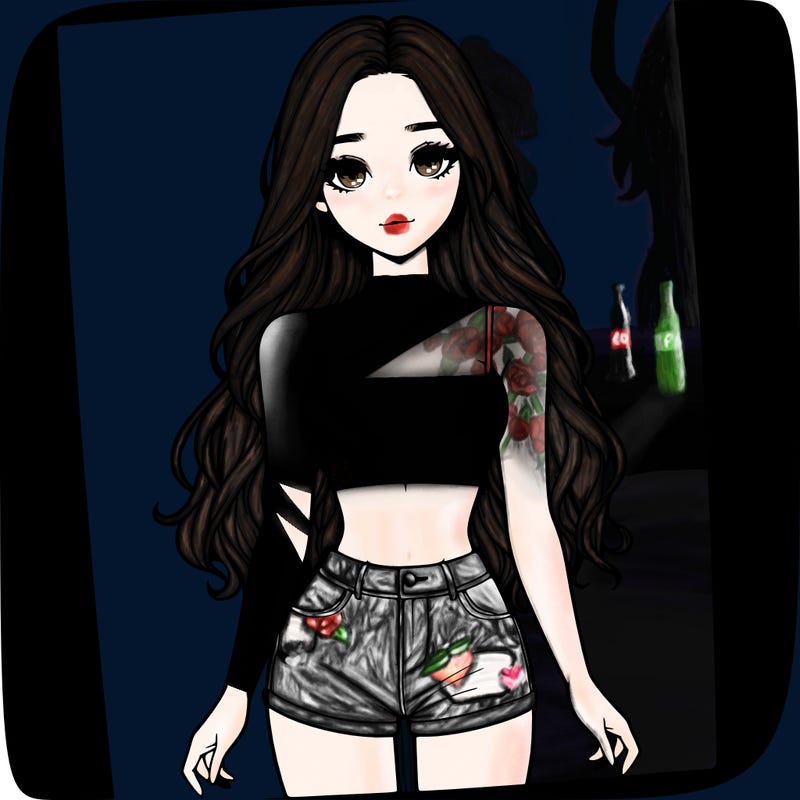 a realistic girl with long hair and in a crop top and shprts