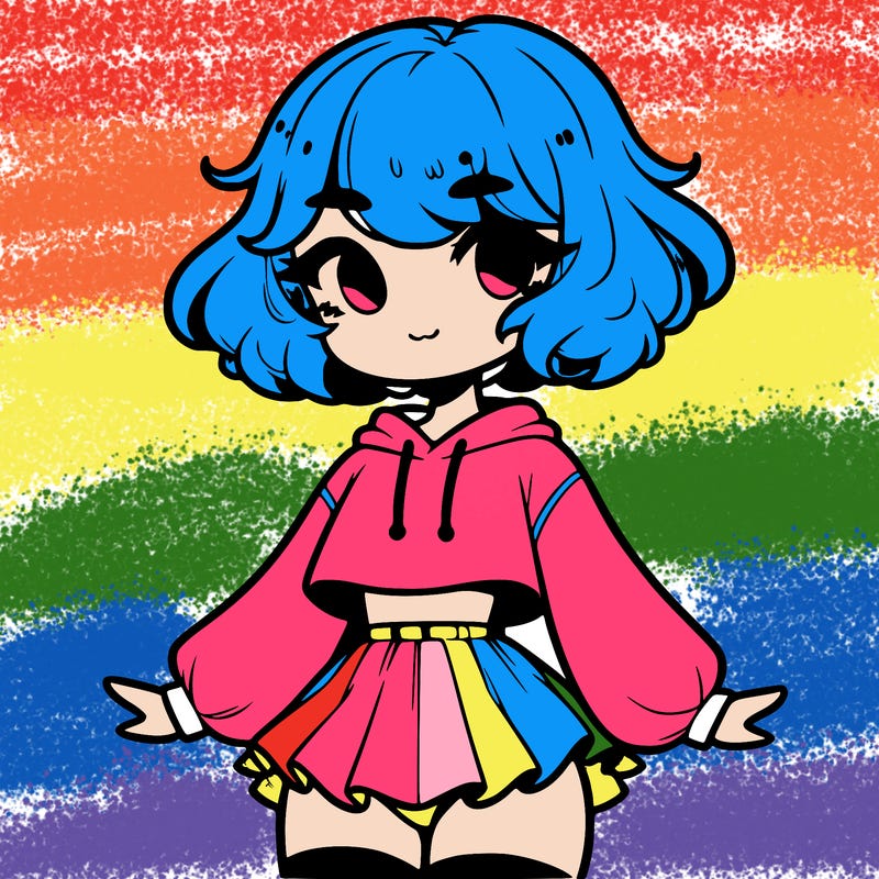 cute femboy with short, fluffy hair that softly frames their face, wearing a cropped hoodie, paired with a flouncy short skirt, and thigh-high stockings