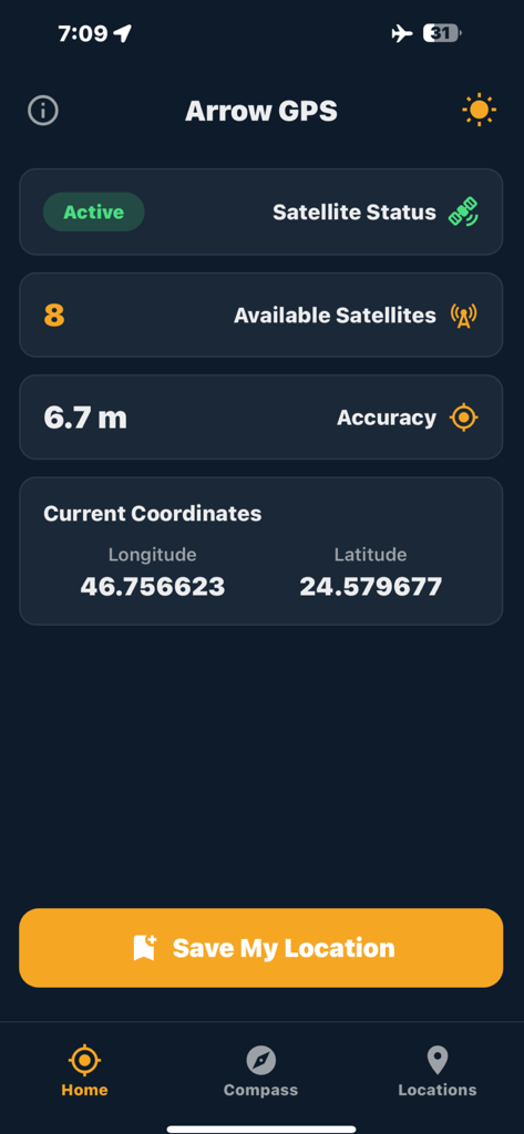 Interface of the Arrow GPS Offline app showing active satellite status, GPS accuracy, and current longitude and latitude coordinates.
