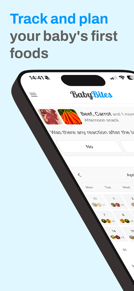 BabyBites - First baby foods - BabyBites app interface showing a calendar food log and meal tracker for a baby's first solid foods.