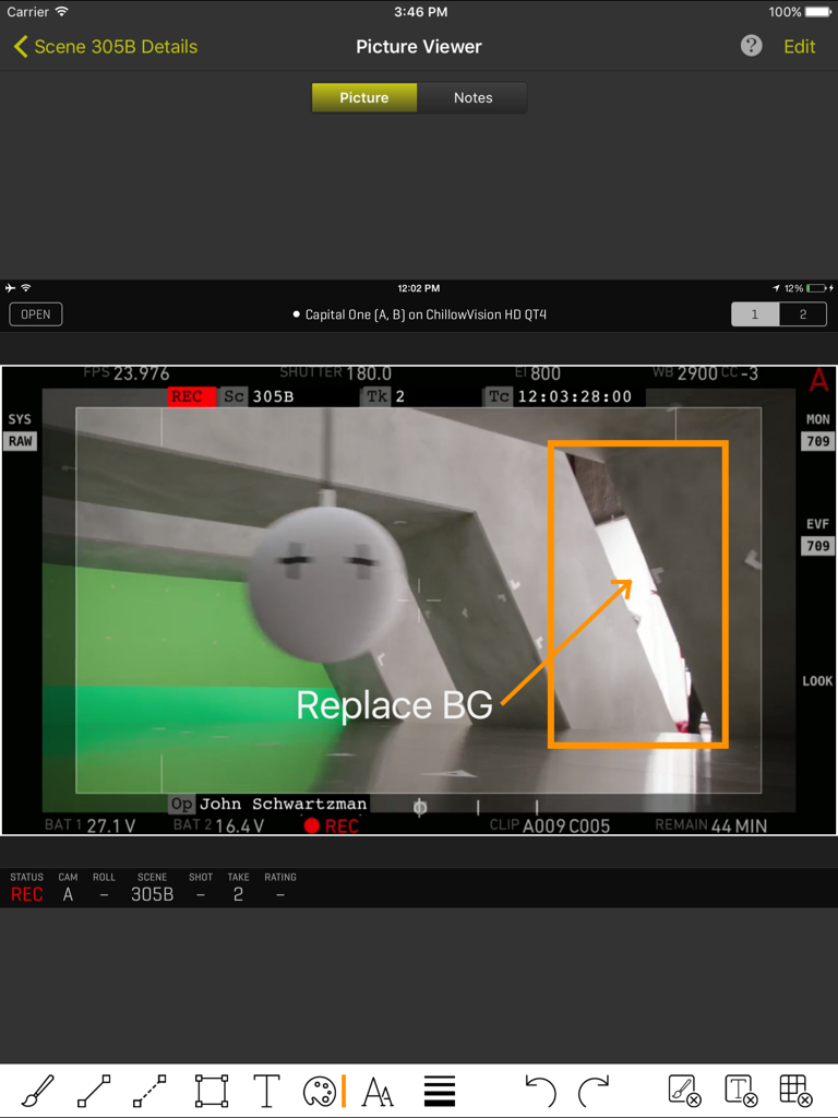 ShotBOT iPad interface showing a camera frame grab with professional VFX annotations and scene metadata.