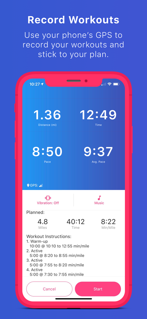 Run With Hal - Screenshot of the Run With Hal app interface showing GPS workout recording with distance pace and time metrics