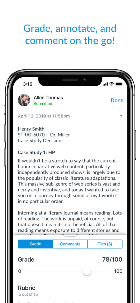 Canvas Teacher - Interfaz móvil de Canvas Teacher para calificar tareas de estudiantes.