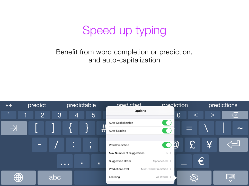 Keedogo Plus assistive keyboard showing word prediction and auto-capitalization settings.